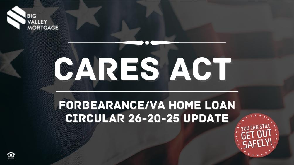 Image of a waving American flag with overlaying text that reads "Cares Act - Forbearance VA Home Loan Circular 26-20-25 Update"