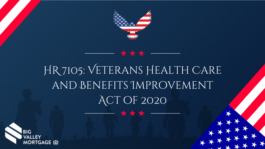 Dark blue background image of a cement wall with an American flag at the top left and bottom right corner and silhouette of an American Eagle with overlaying text that reads "HR 7105_ Veterans Health Care & Benefits Improvement Act of 2020"
