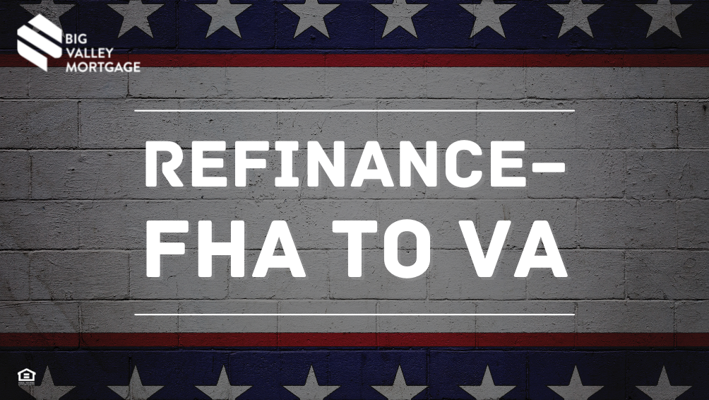 Background image of brick wall painted with American flag attributes with overlaying white text that reads "Refinance FHA to VA"