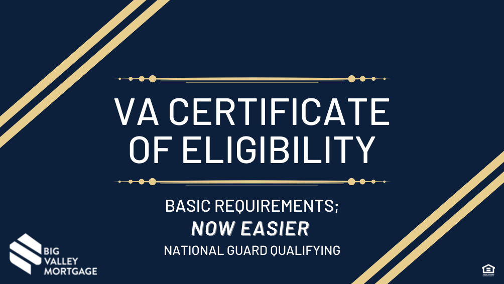 Dark blue background with diagonal pale gold double stripes at the sides with overlaying white text that reads "VA Certificate of Eligibility"