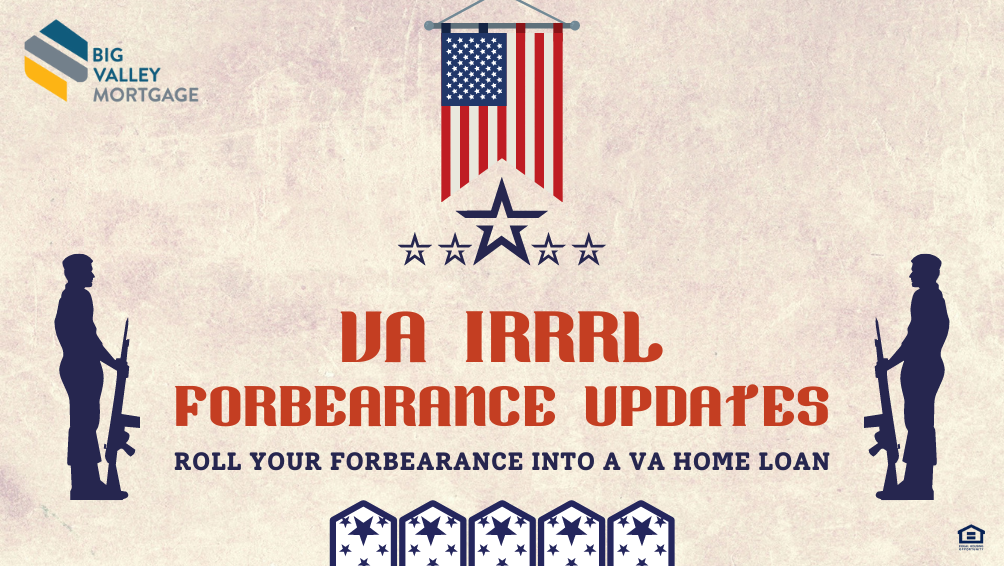 Distressed tan background with American flag at the top with silhouettes of army men at the sides with red and blue text centered that reads "VA IRRRL Forbearance Updates - Roll your forbearance into your VA Home Loan"
