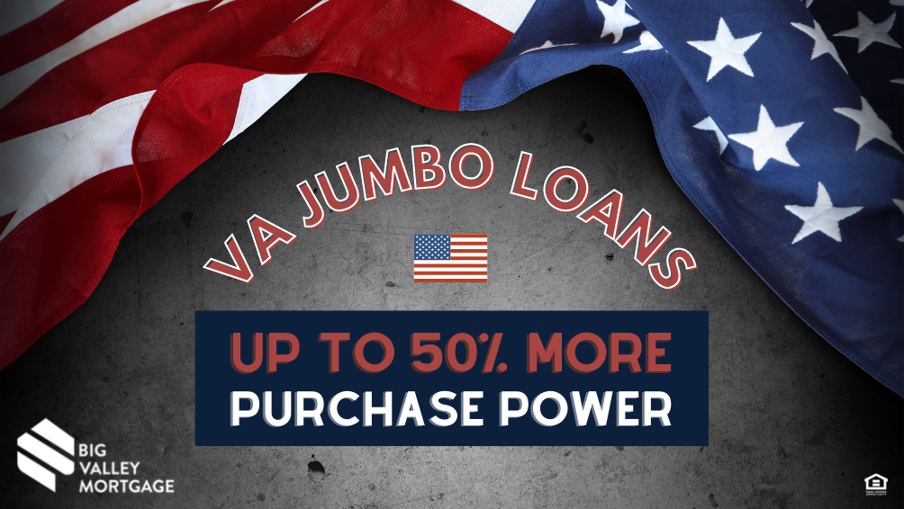 Background image of a cement wall with an American flag draped at the top with overlaying text that reads "VA Jumbo Loans - Up to 50% More Purchase Power"